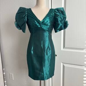 VTG Barbara Barbara Dress Emerald Green Satin Taffeta Puff Sleeve Cocktail XS